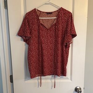 SHEIN Red Micro-Print V-Neck Blouse